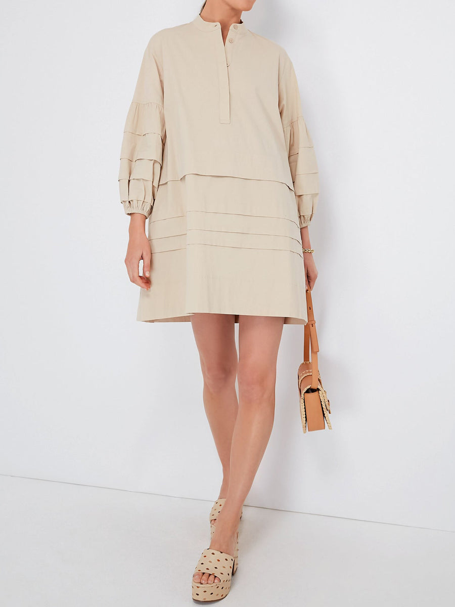 Band Collar Pleated Tiered Skirt Mini Dress