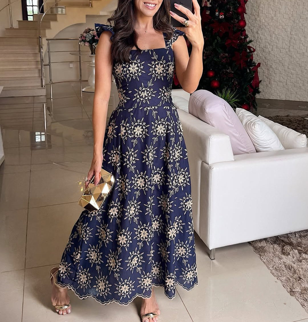Elegant Hand-Embroidered Sunflower Dress