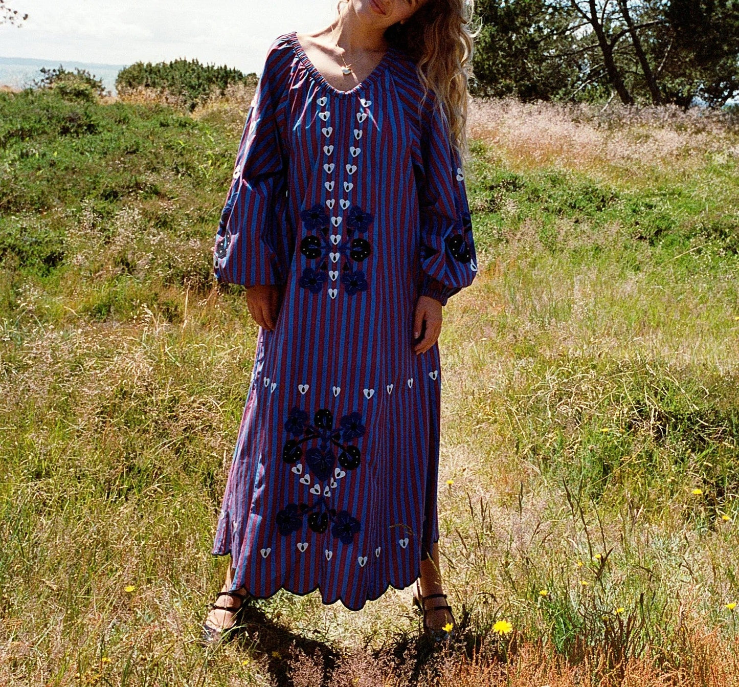 Hand-embroidered floral maxi dress