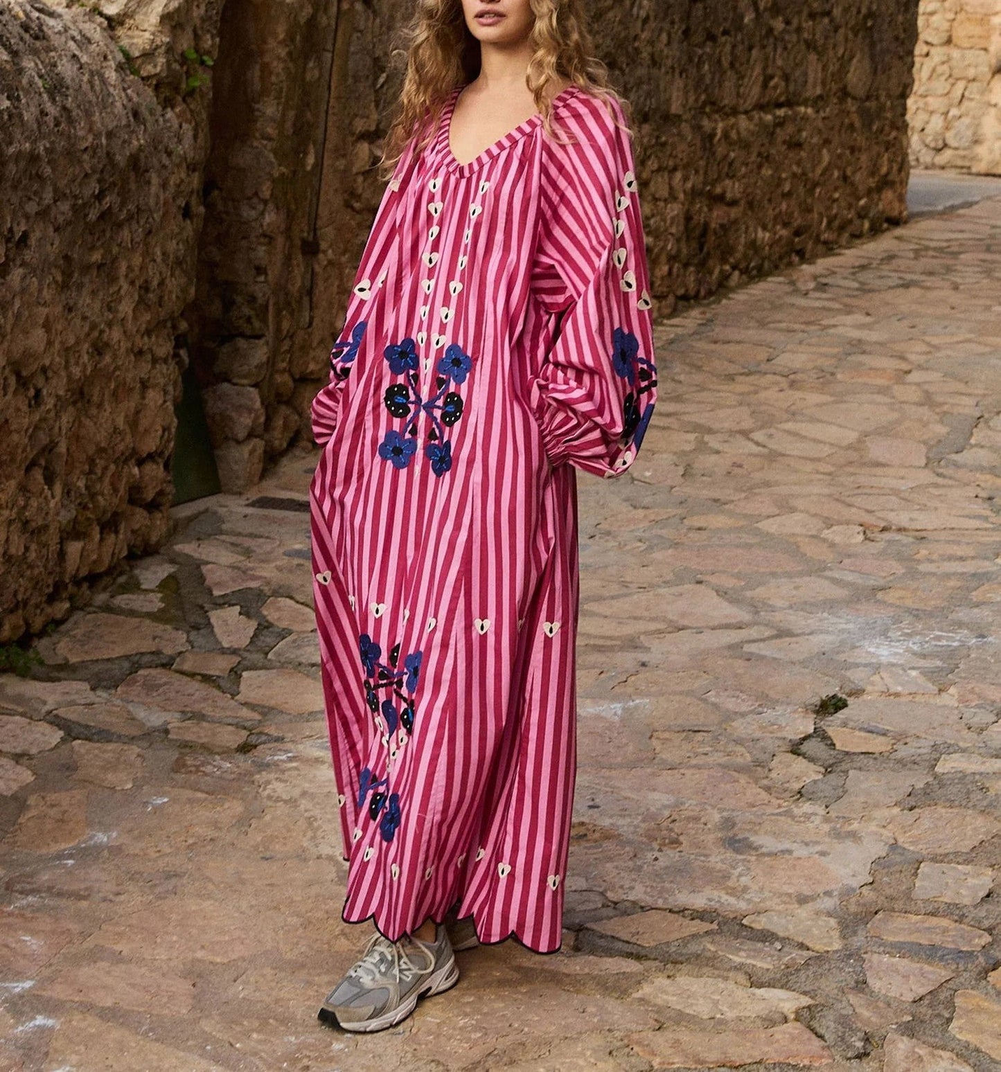 Hand-embroidered floral maxi dress