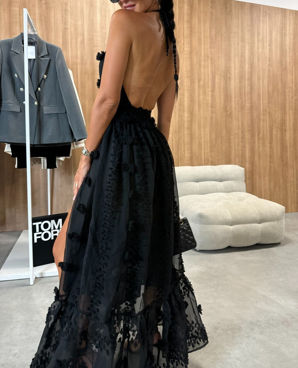 Hand-embroidered halterneck lace dress