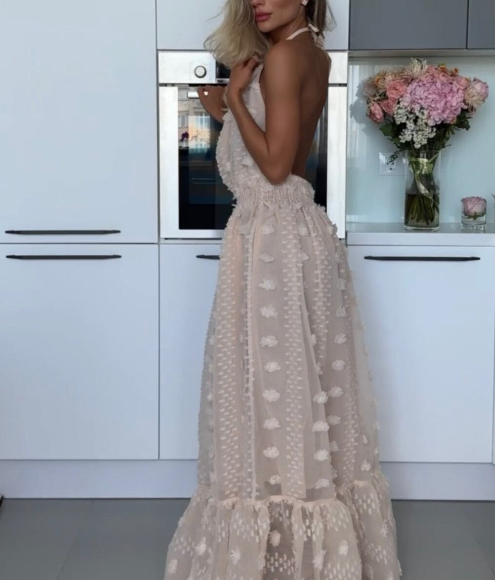 Hand-embroidered halterneck lace dress