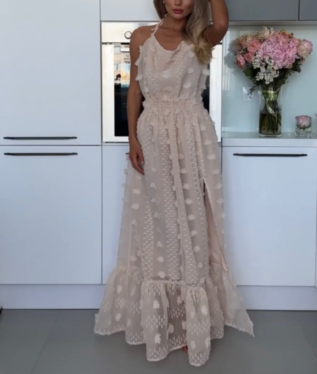 Hand-embroidered halterneck lace dress