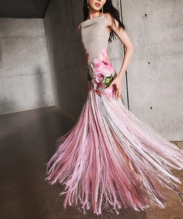 Sleeveless Embroidered Faille Gown With Fringe(✅Buy 2 Free Shipping)