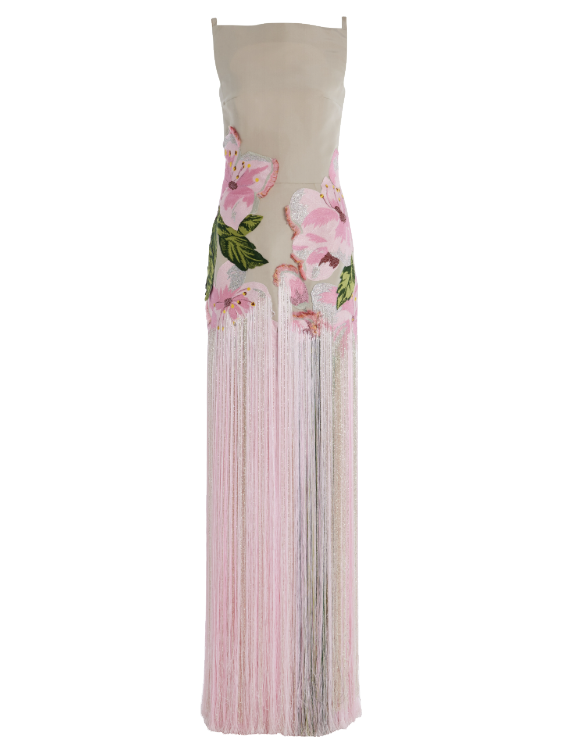 Sleeveless Embroidered Faille Gown With Fringe(✅Buy 2 Free Shipping)