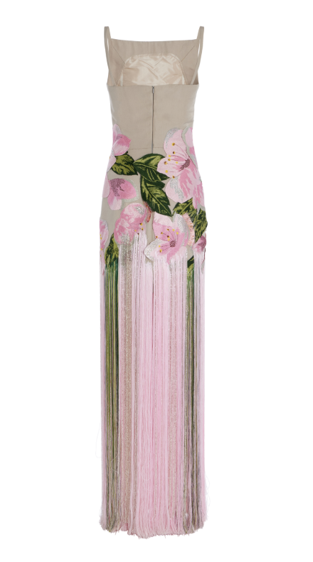 Sleeveless Embroidered Faille Gown With Fringe(✅Buy 2 Free Shipping)