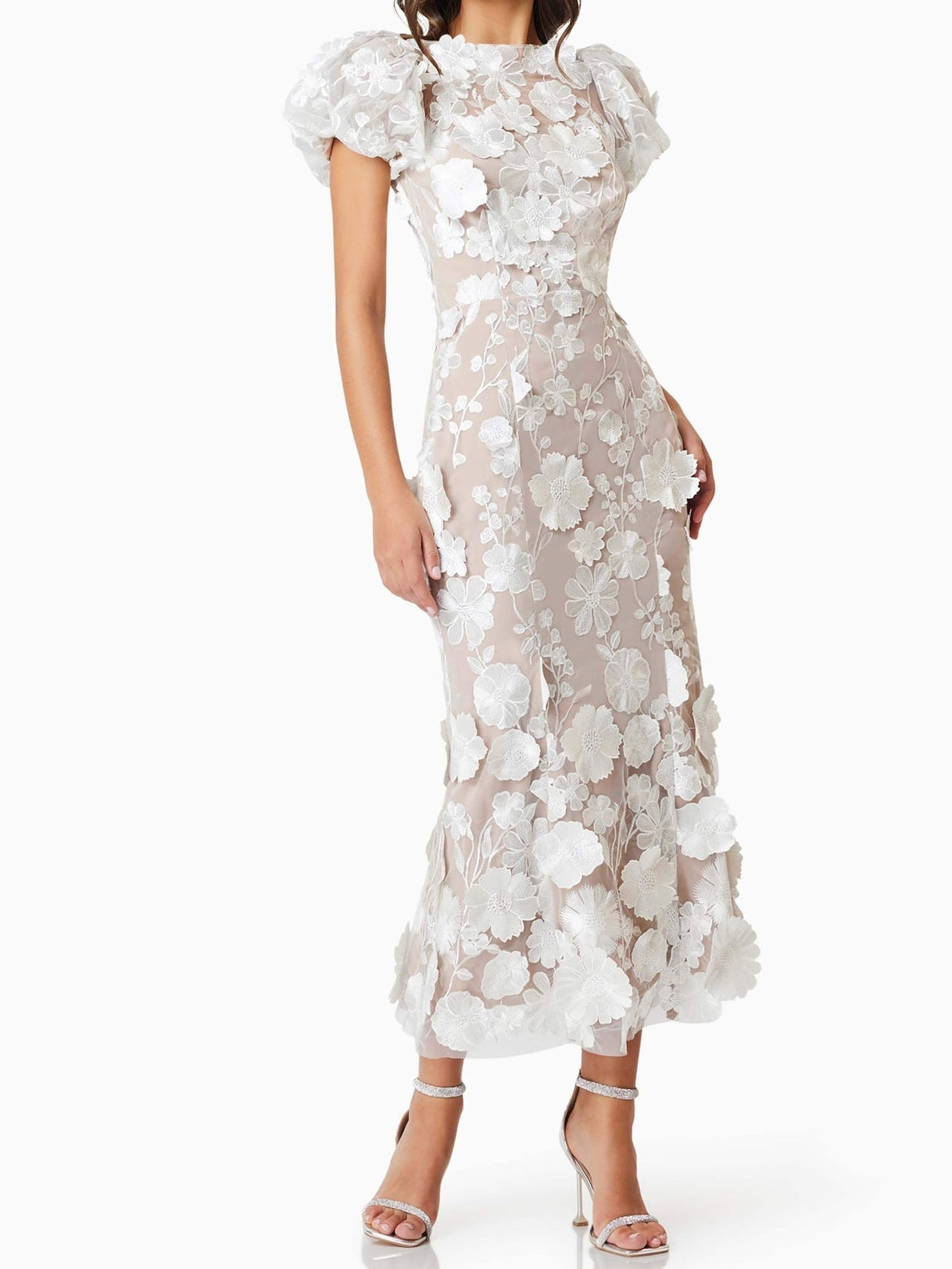 White 3D Embroidered Flower Hollow Dress