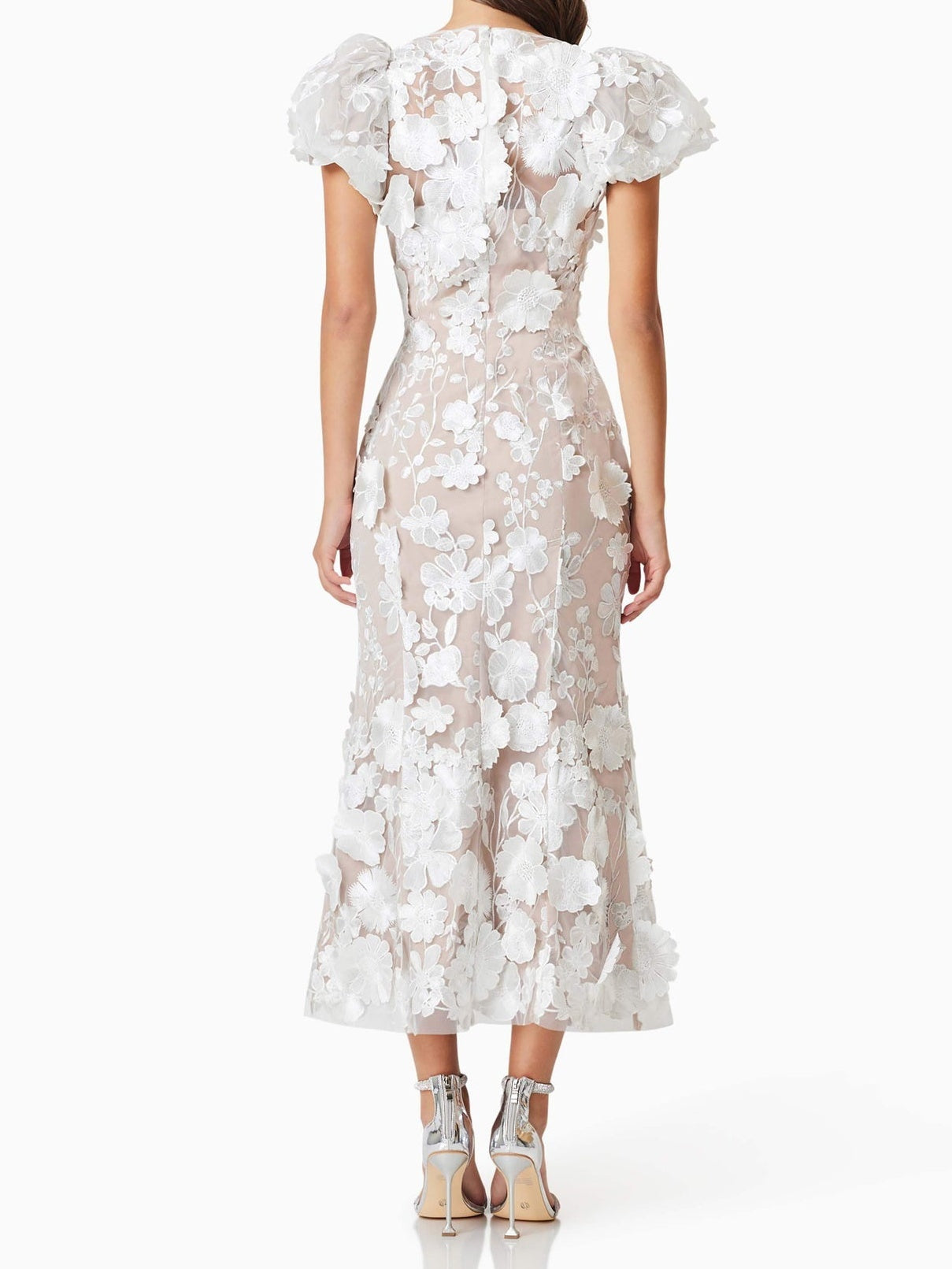 White 3D Embroidered Flower Hollow Dress
