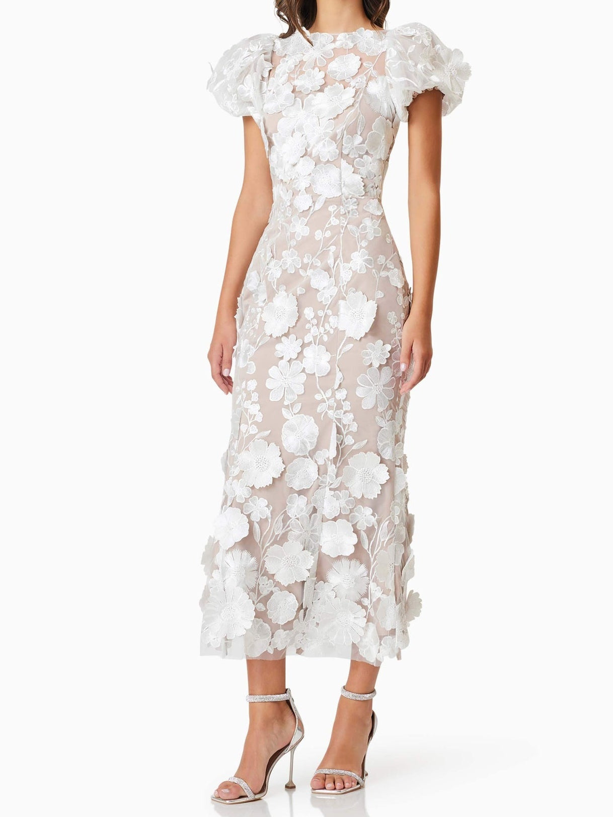 White 3D Embroidered Flower Hollow Dress