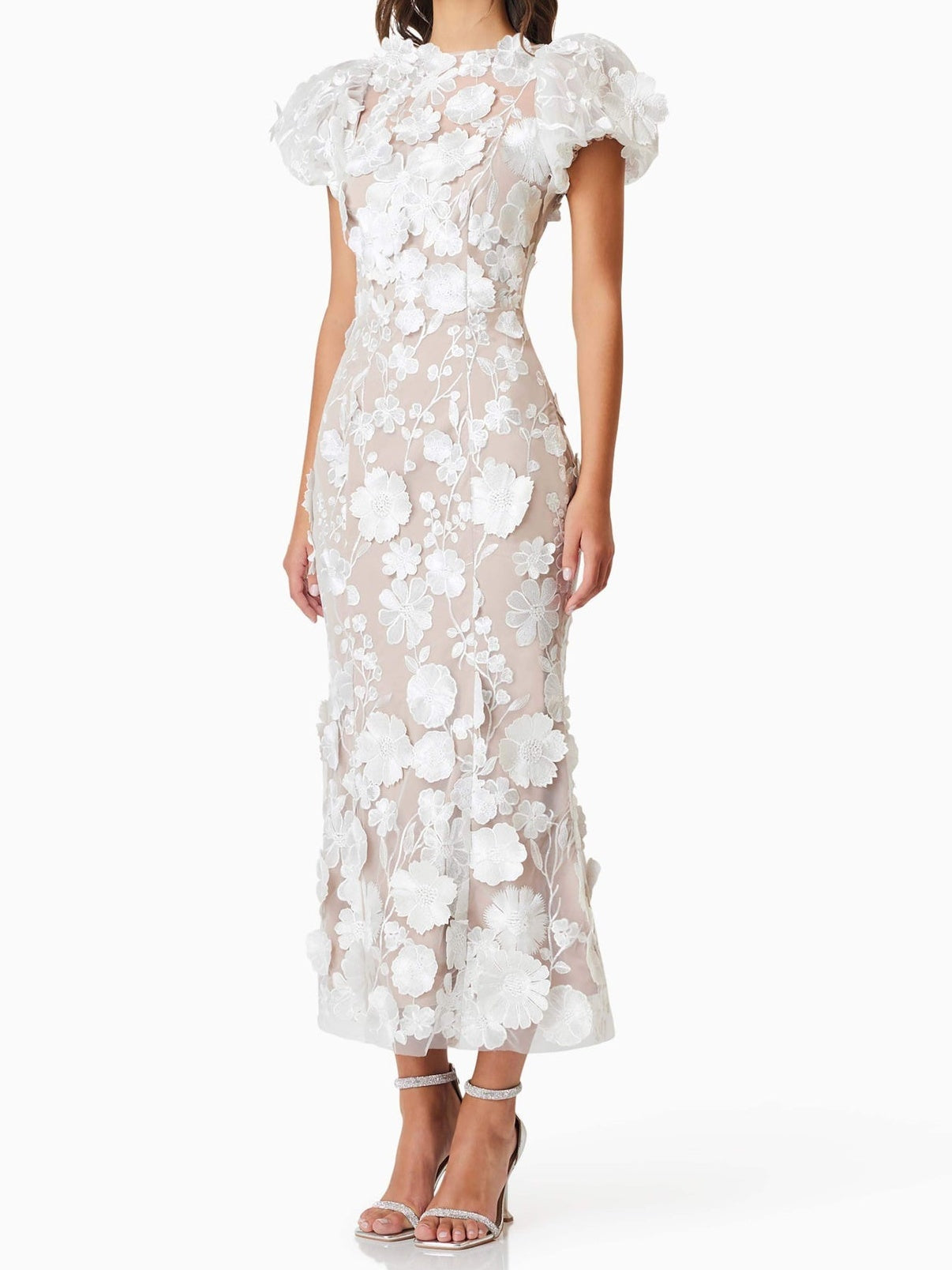 White 3D Embroidered Flower Hollow Dress