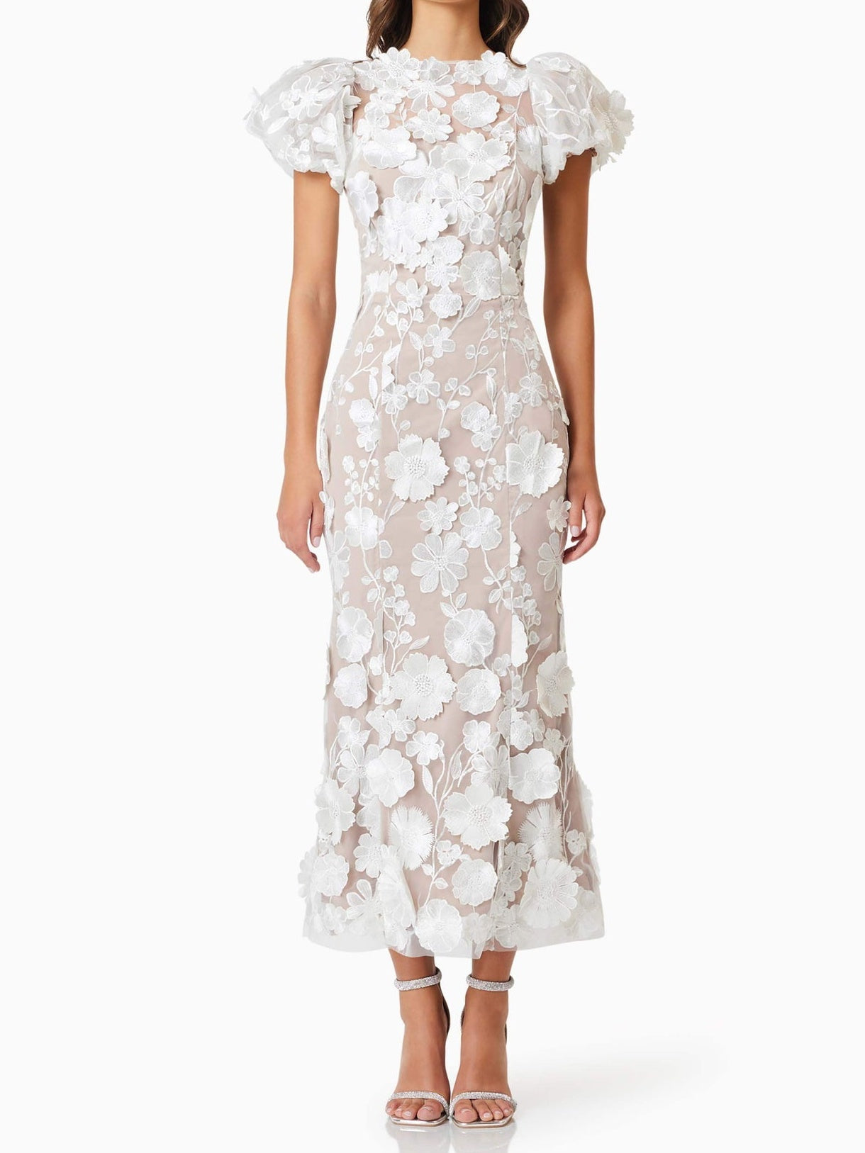 White 3D Embroidered Flower Hollow Dress