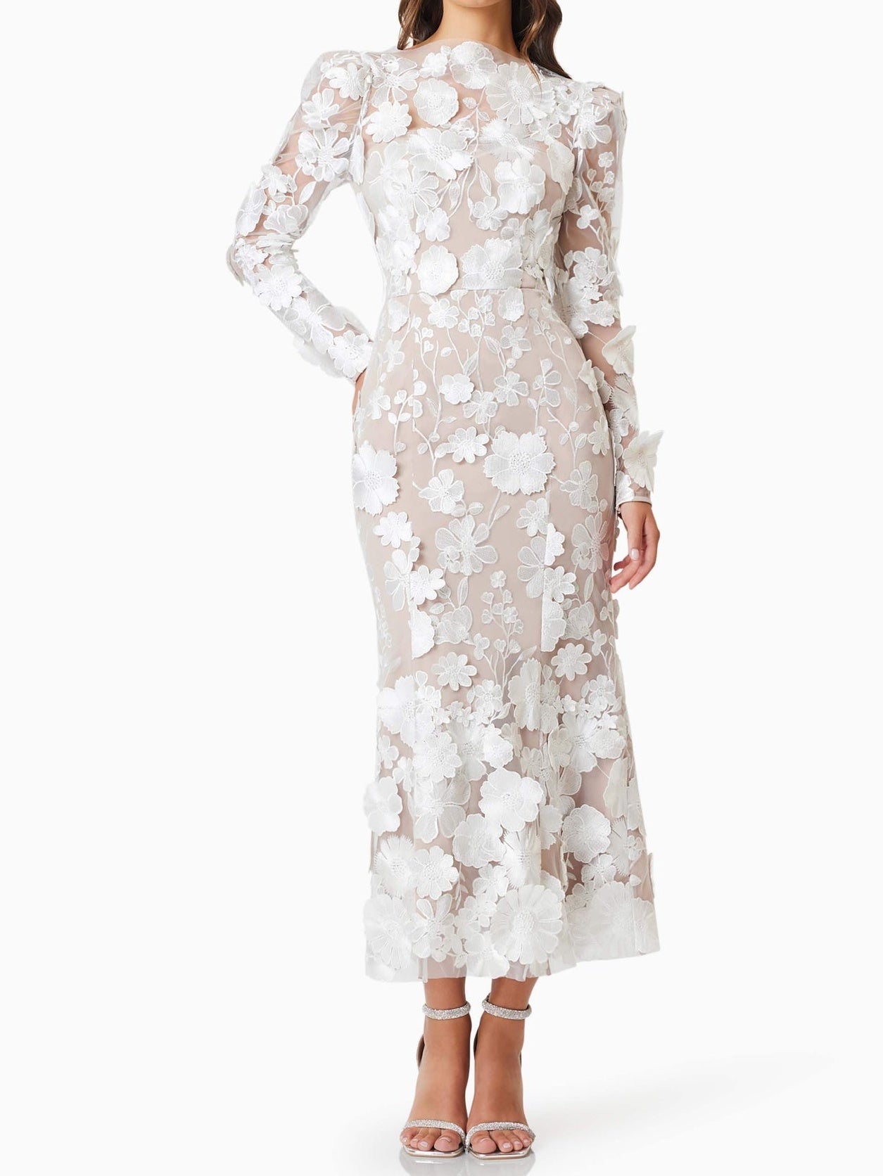 White 3D Embroidered Flower Hollow Dress