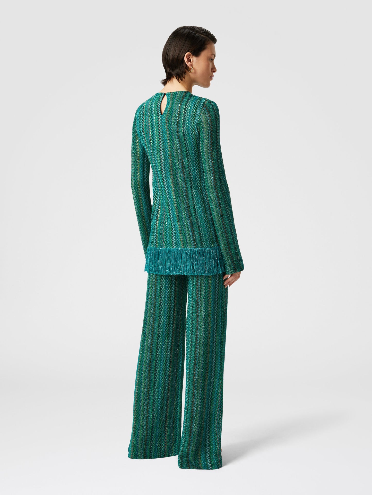 Sweater Set With Sequins And Asymmetrical Hem With Fringes