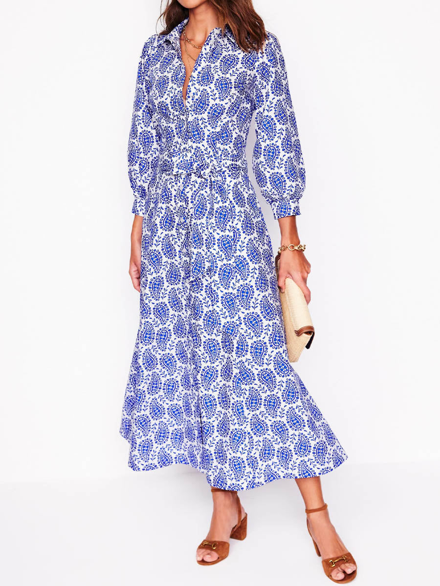 Printed Button Up Belted Shirtdress