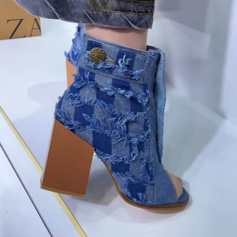 Vintage Fishmouth Denim Button Thick Heel Ankle Boots