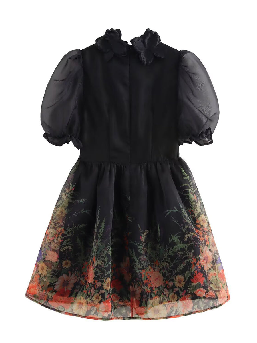 3D Flower Bubble Sleeve Hem Printed Dress