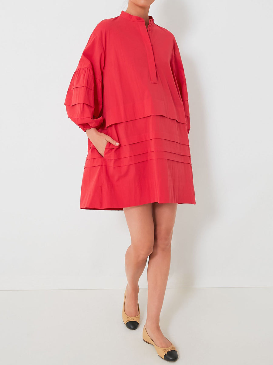 Band Collar Pleated Tiered Skirt Mini Dress
