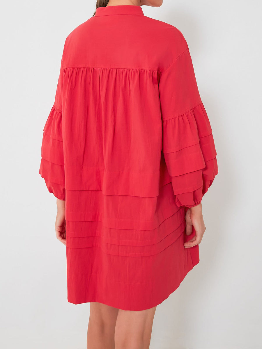 Band Collar Pleated Tiered Skirt Mini Dress