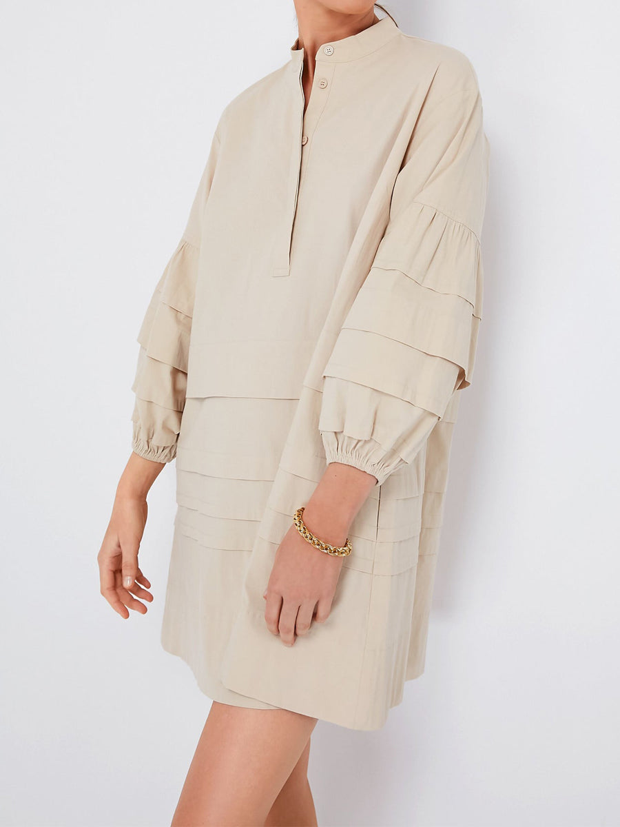 Band Collar Pleated Tiered Skirt Mini Dress