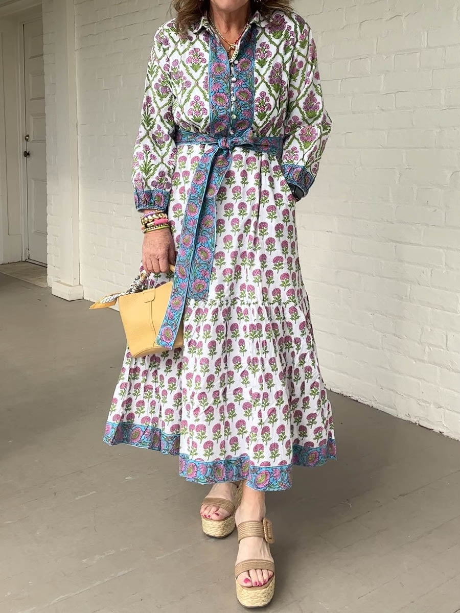 Printed Three-quarter Sleeve Button Up Dress