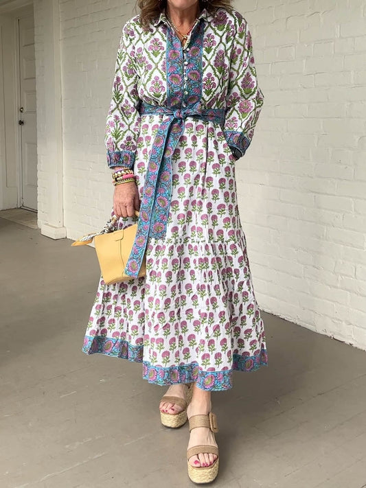 Printed Three-quarter Sleeve Button Up Dress