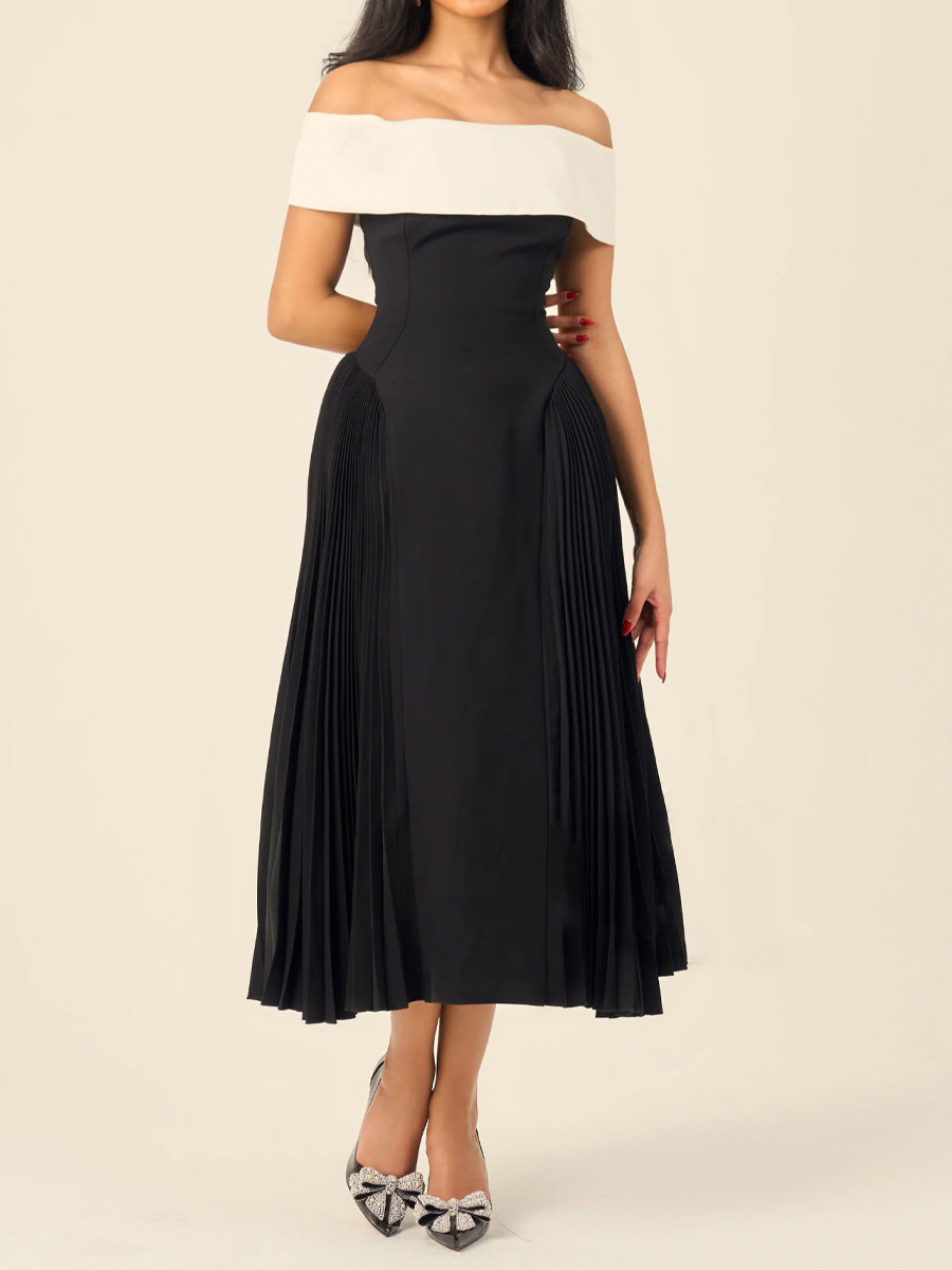Off Shoulder Patchwork Pleated Dress