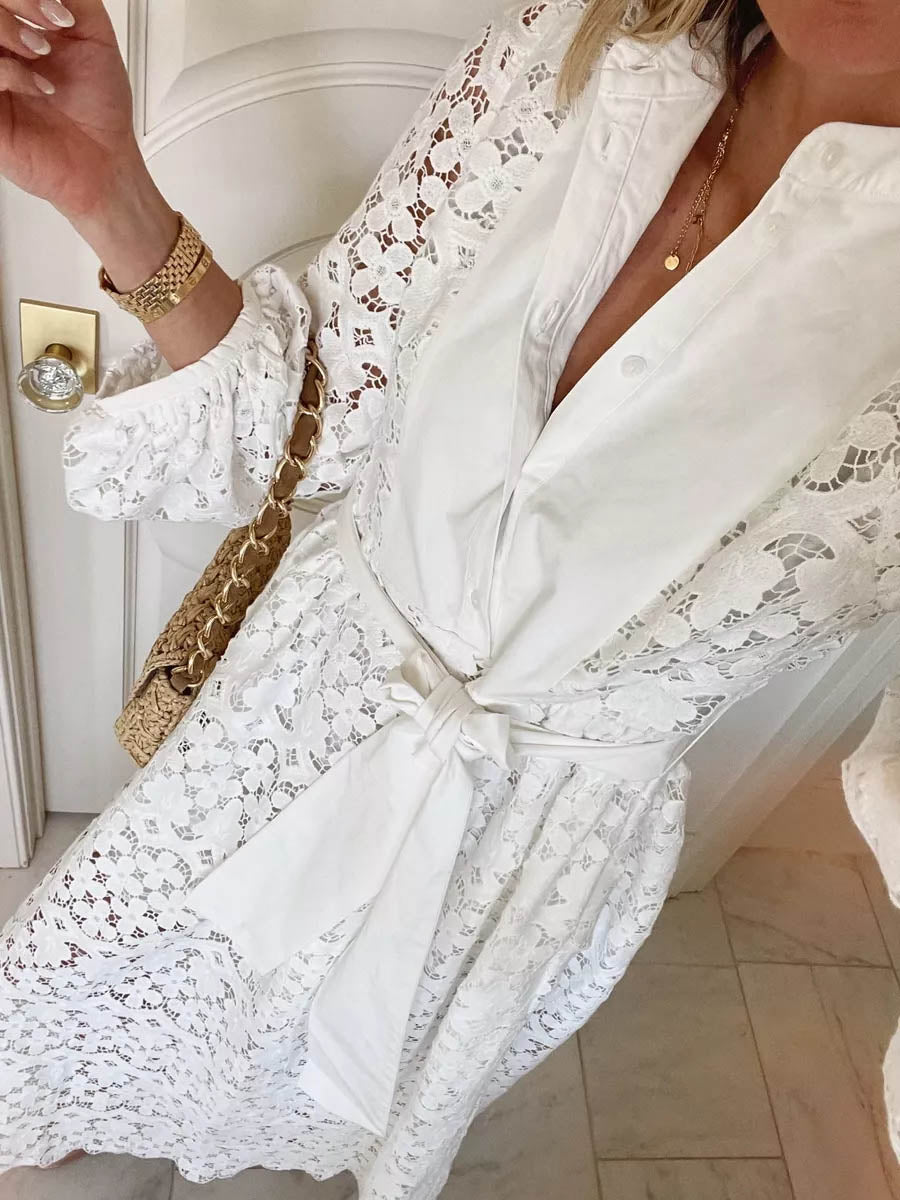 Lace Patchwork Puff Sleeve Belted Maxi Dress