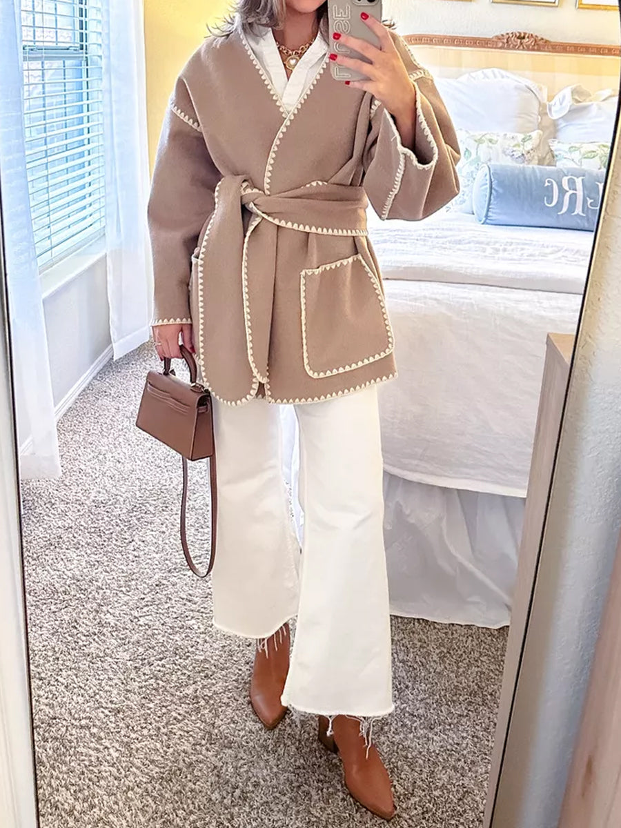 V Neck Lace Up Oversized Winter Wool Cardigan