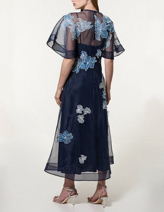 Petite Floral Applique Organdie Woven Maxi Dress