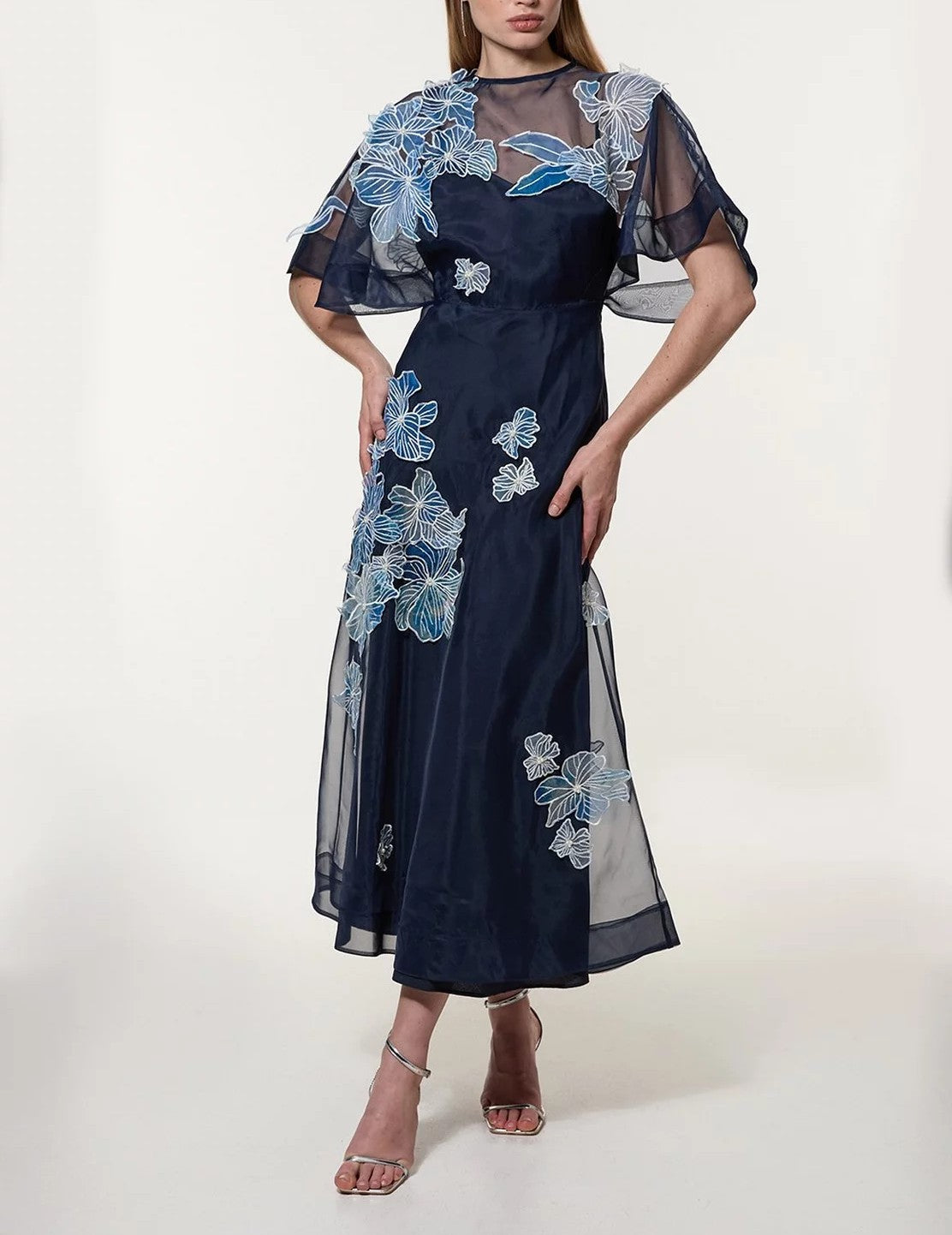 Petite Floral Applique Organdie Woven Maxi Dress