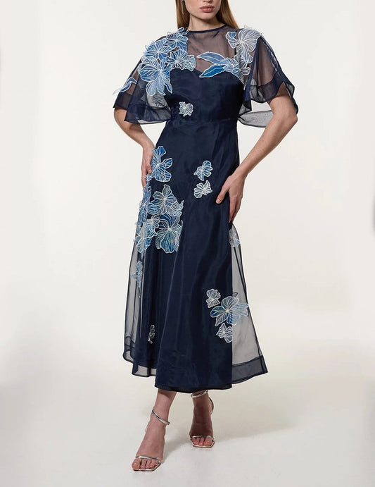 Petite Floral Applique Organdie Woven Maxi Dress