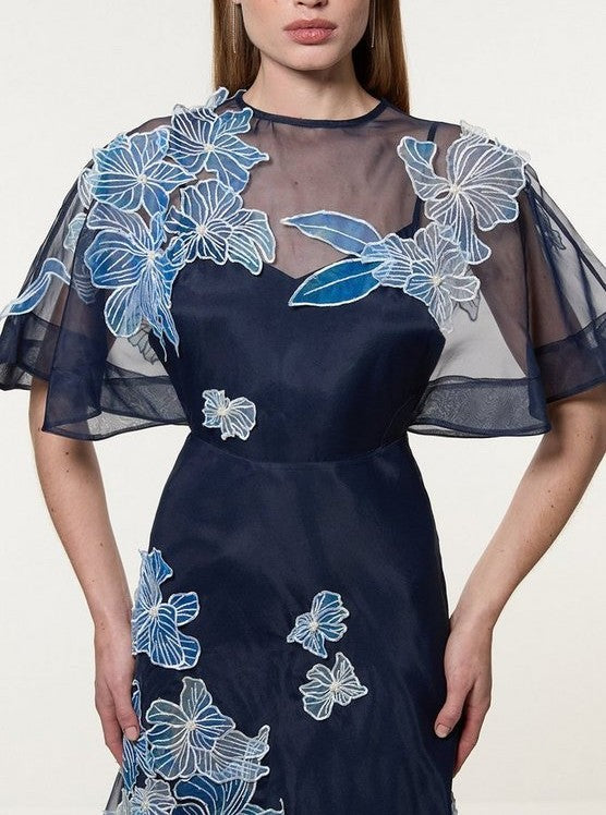 Petite Floral Applique Organdie Woven Maxi Dress