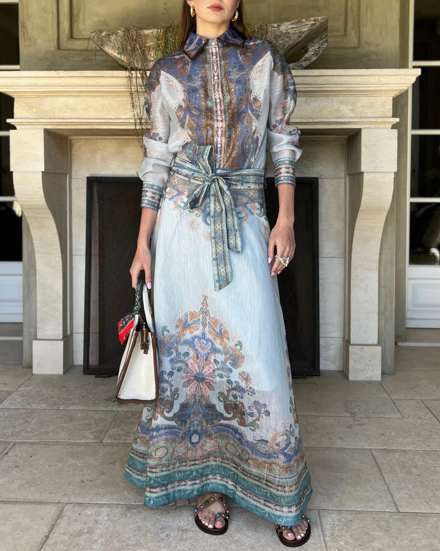 (✔️Free Shipping)Catherine long sleeve button-up top and waist maxi skirt two-piece set