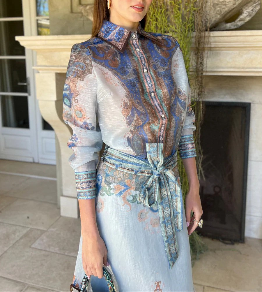 (✔️Free Shipping)Catherine long sleeve button-up top and waist maxi skirt two-piece set
