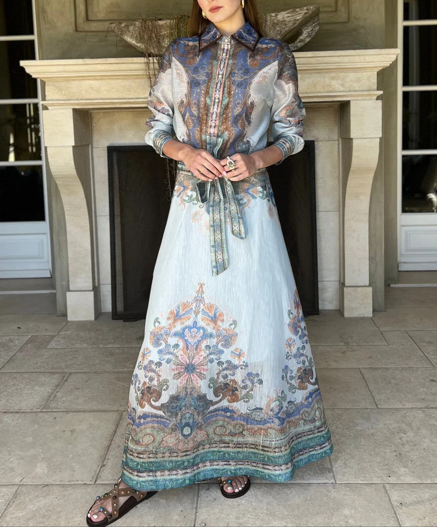 (✔️Free Shipping)Catherine long sleeve button-up top and waist maxi skirt two-piece set