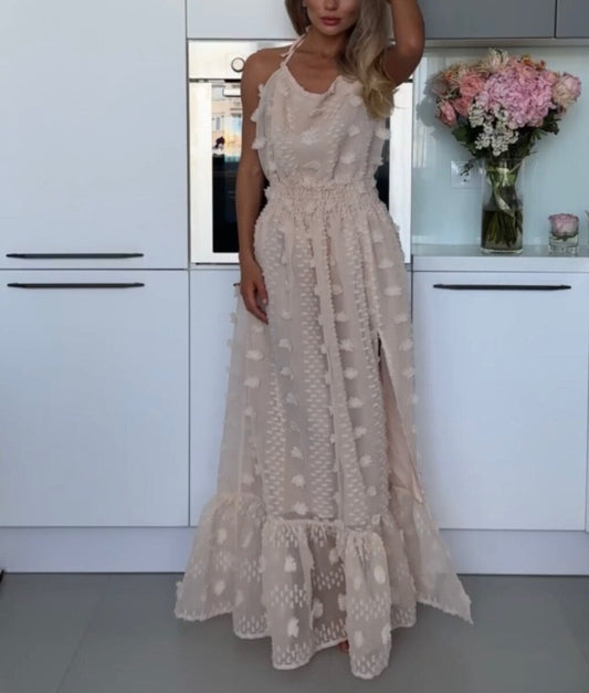 Hand-embroidered halterneck lace dress