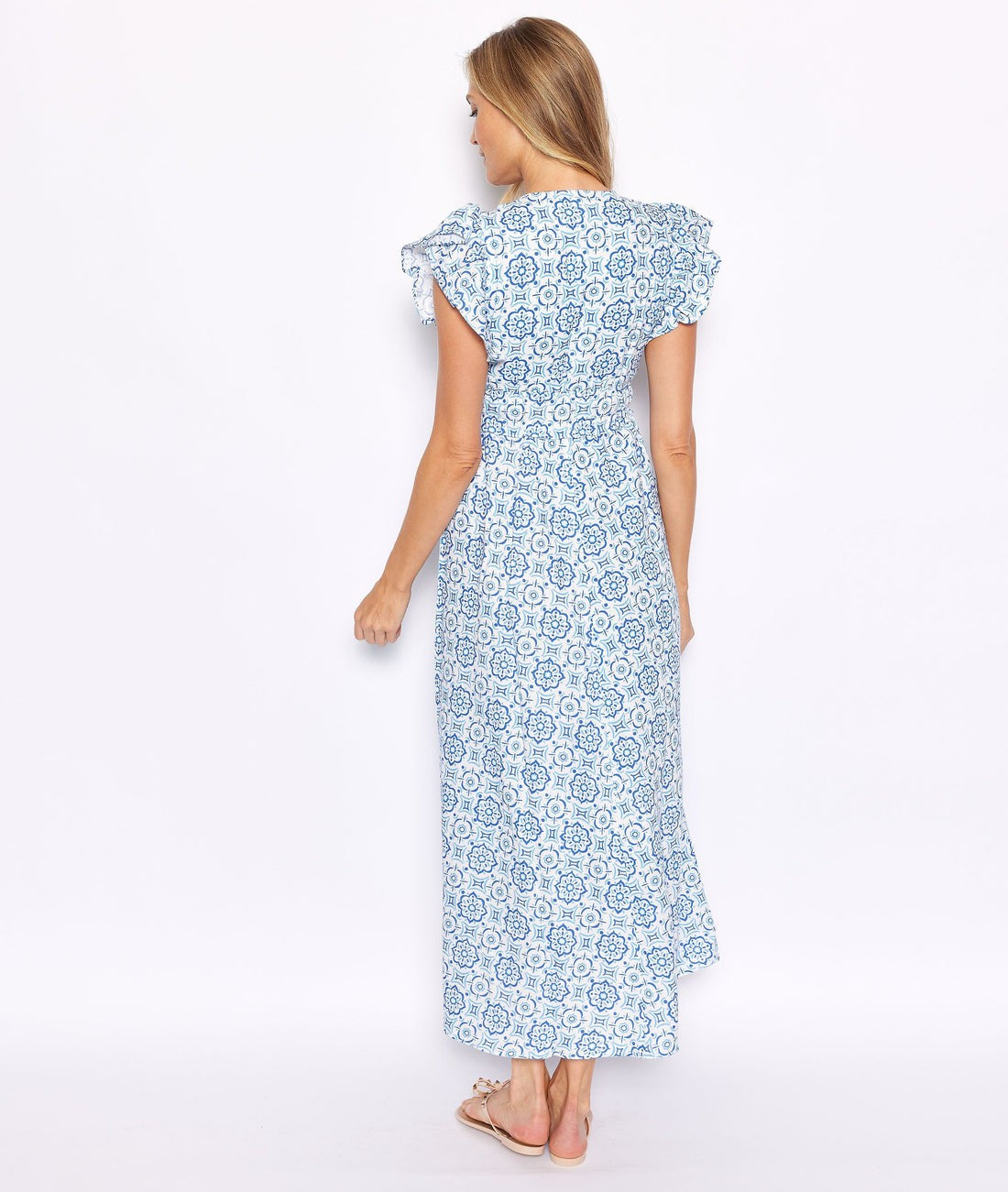 Blue Medallion V-Neck Flutter Sleeve Maxi Dress