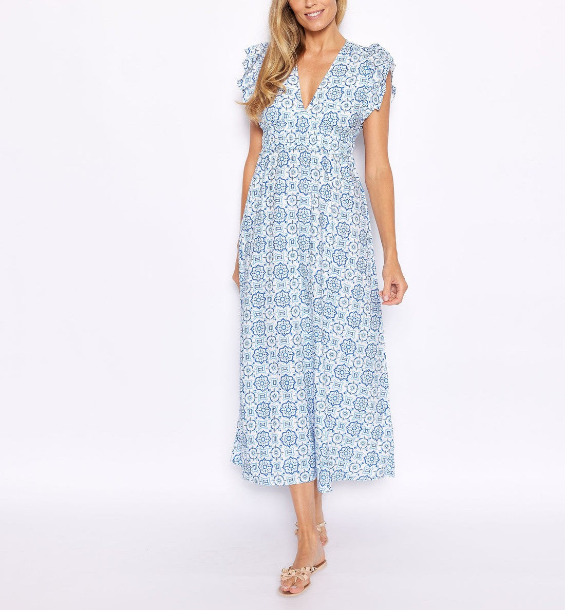Blue Medallion V-Neck Flutter Sleeve Maxi Dress