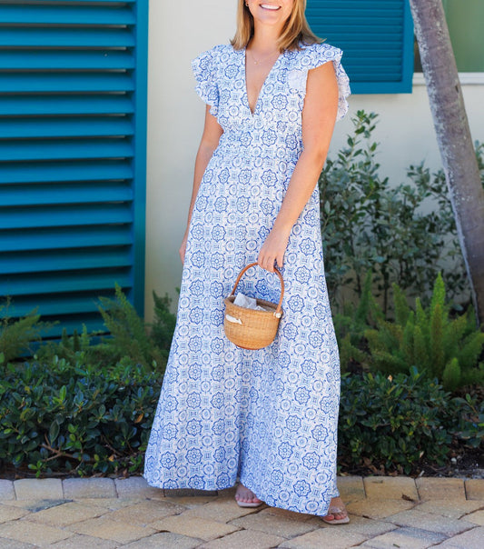 Blue Medallion V-Neck Flutter Sleeve Maxi Dress