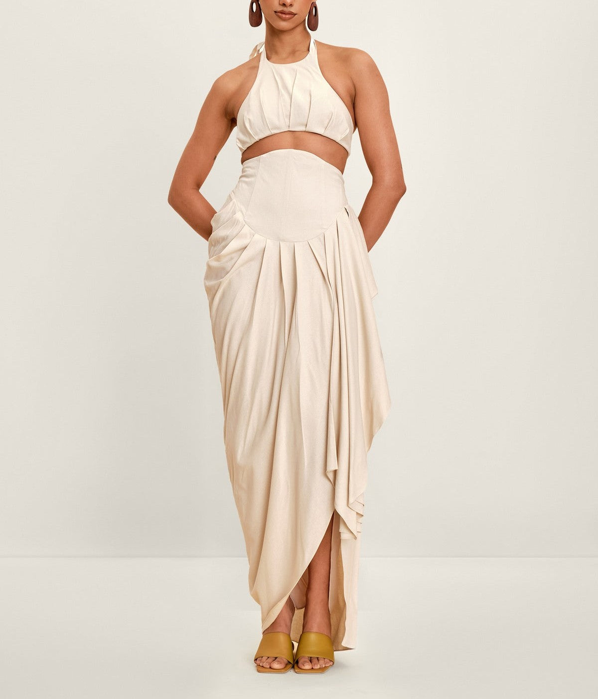 Halter Neck Crop Top and Pleated Side Slit Skirt 2-Piece Set