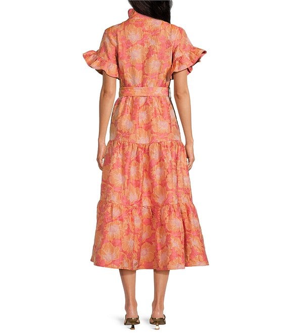 Ruffle Short Sleeve Tie Waist Tiered Pocketed Midi Dress