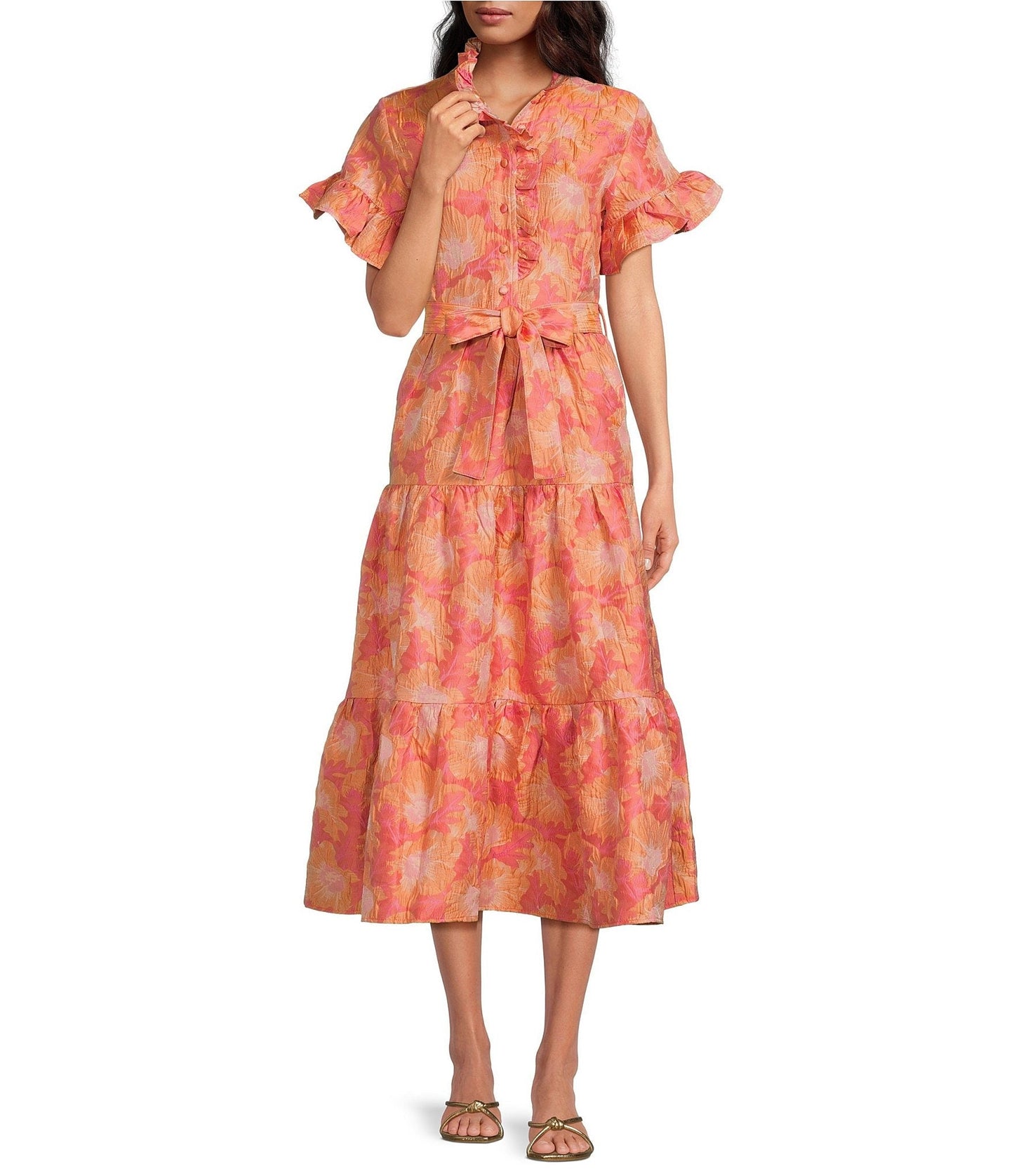 Ruffle Short Sleeve Tie Waist Tiered Pocketed Midi Dress