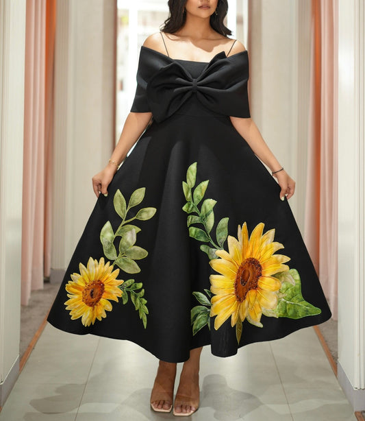 Sunflower Strapless Dress Bow Top 2-Piece Set