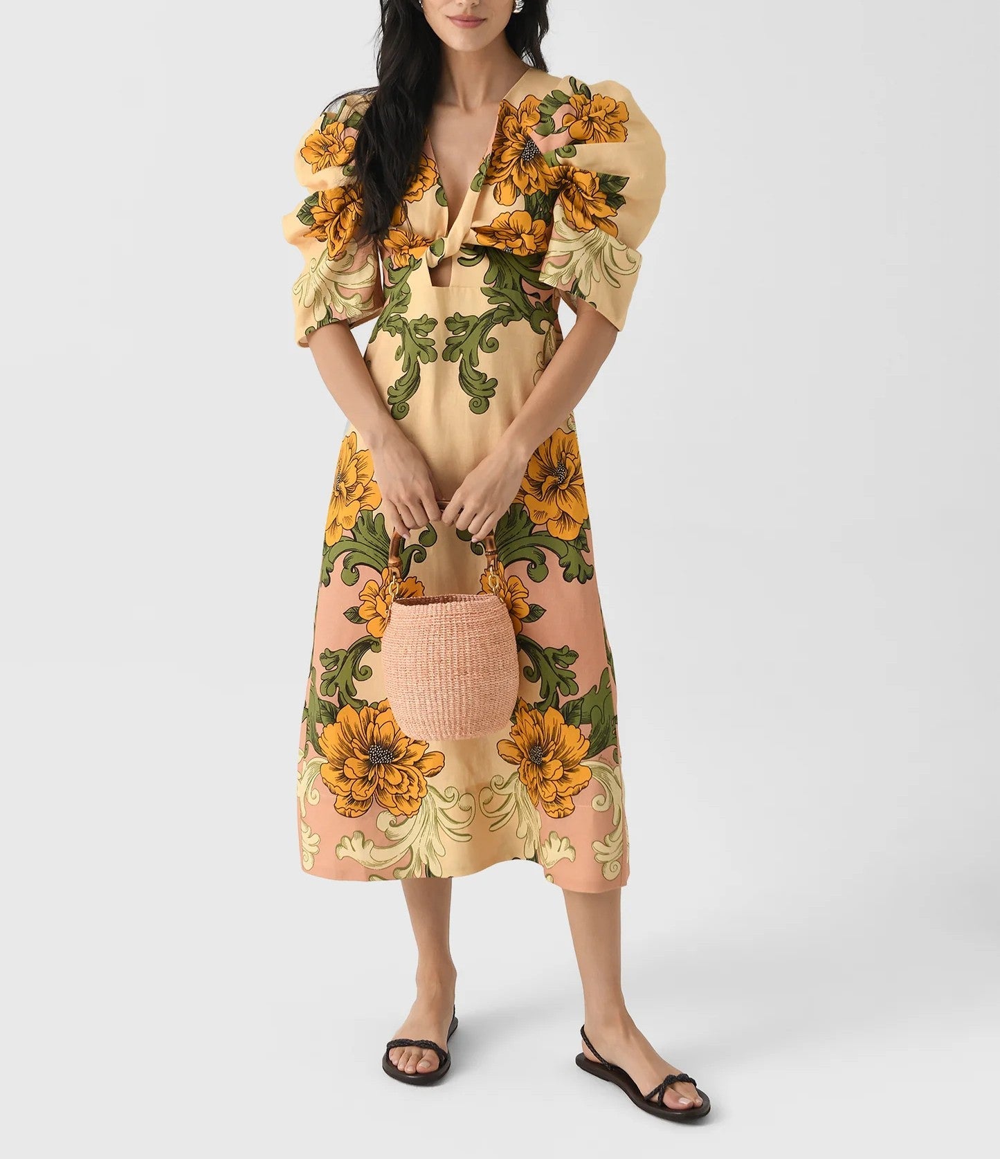 Delicate Flower Arabesques Short Sleeve Midi Dress