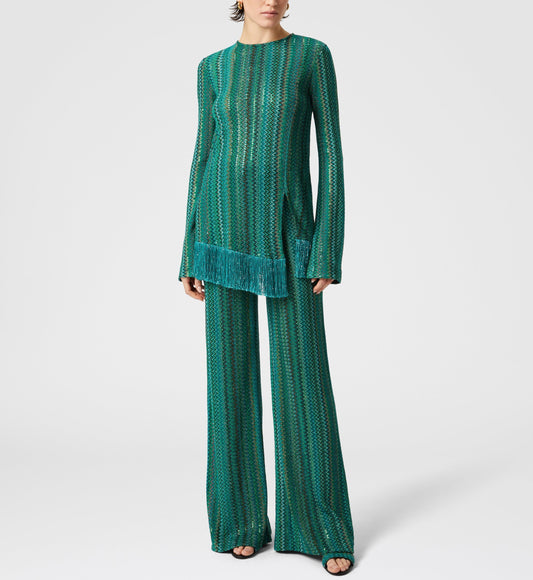 Sweater Set With Sequins And Asymmetrical Hem With Fringes