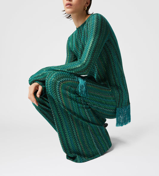 Sweater Set With Sequins And Asymmetrical Hem With Fringes