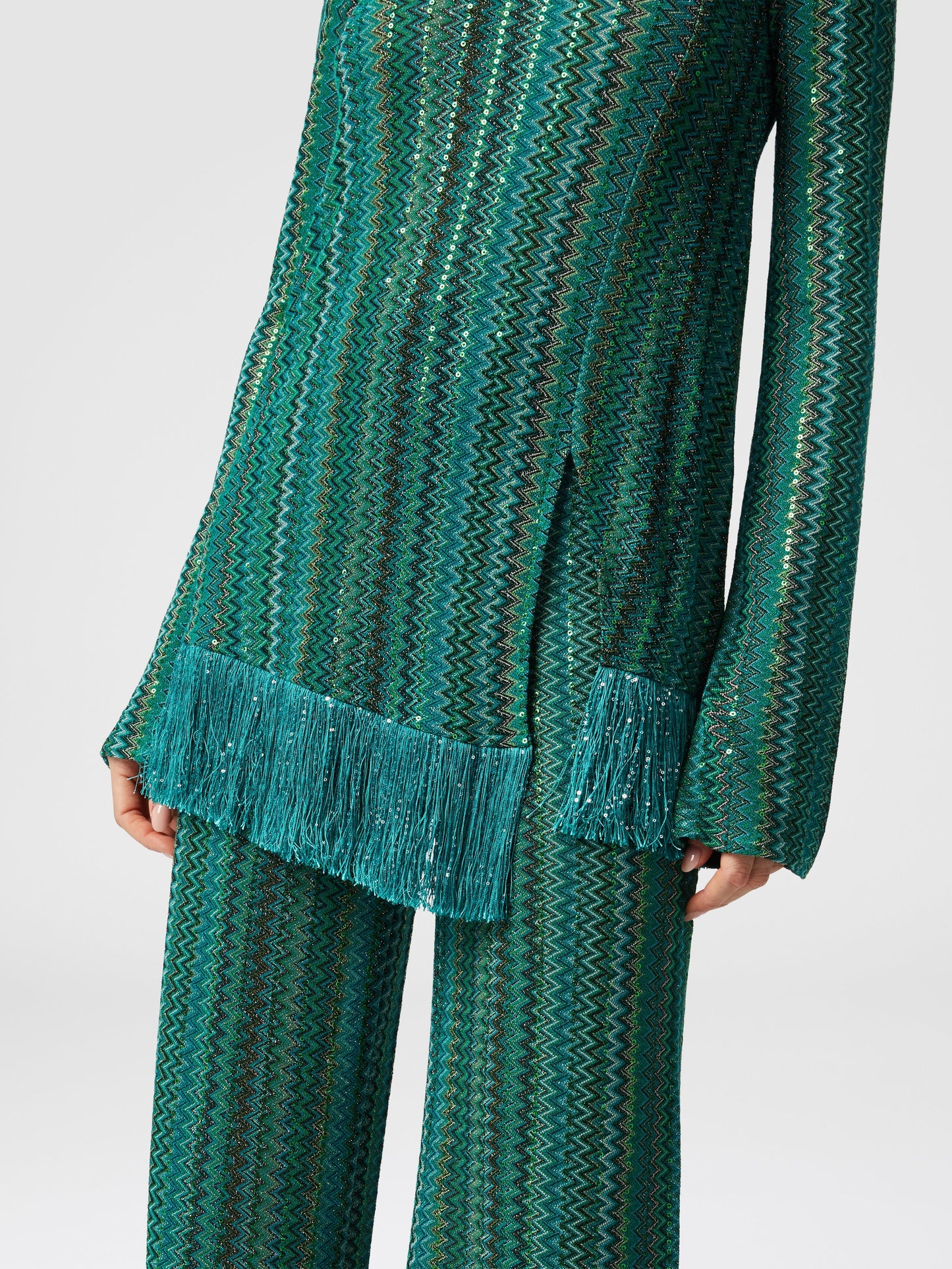 Sweater Set With Sequins And Asymmetrical Hem With Fringes