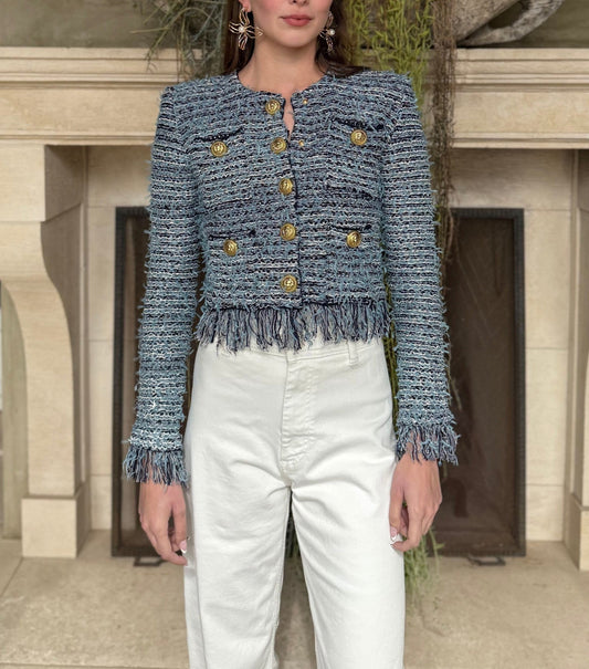 Blue and Navy Fringe Cropped Cardigan Jacket