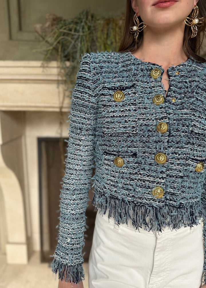 Blue and Navy Fringe Cropped Cardigan Jacket