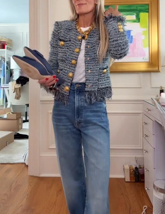 Blue and Navy Fringe Cropped Cardigan Jacket